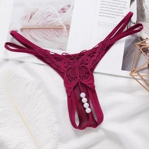 New Medium Wine Red Faux Pearl Thong Panties